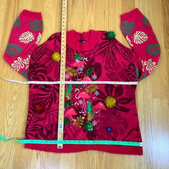 X Ugly Christmas Sweater Red Flamingos Parrots Bells (XL) - Picture 9 of 9